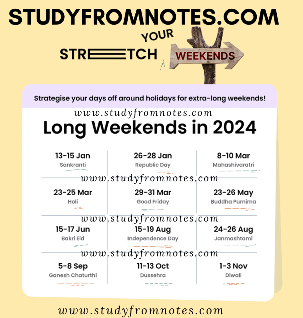 Long Weekends in 2024 India Calendar Study From Notes SFN